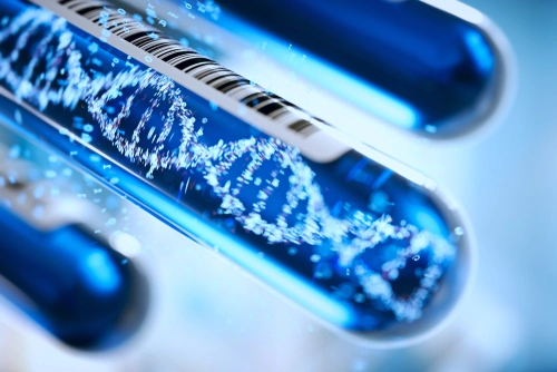 Molecule of DNA forming inside the test tube equipment.3d rendering,conceptual image.